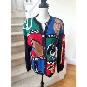 NWT Vintage 90s Knit Equestrian Horseback Riding Race Red Blue Green Cardigan